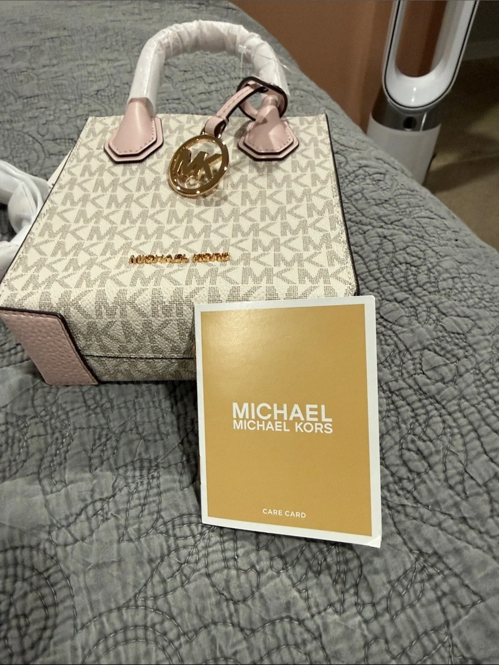 NWT Michael Kors Mercer Cream Monogram Mini Tote with Powdered Blush Trim